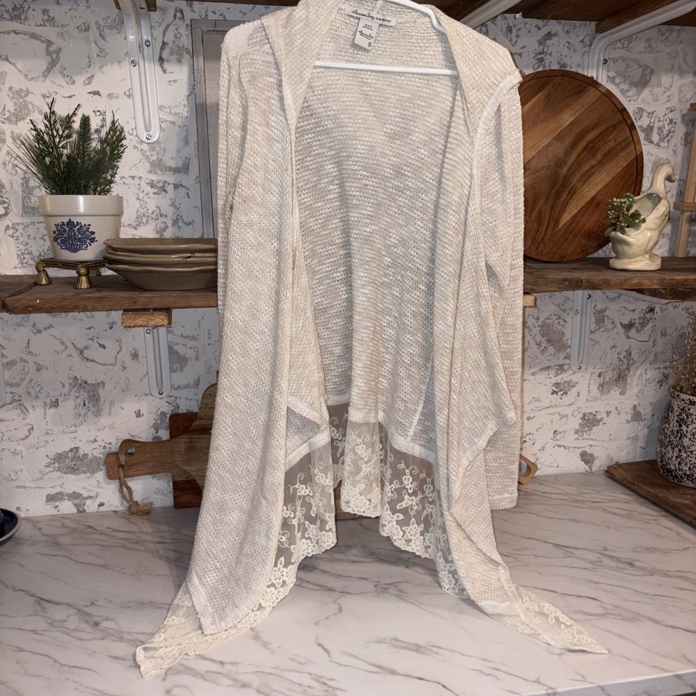 American Rag Cie Romantic Cottagecore Boho Lace Bottom Cardigan Size S With Hood
